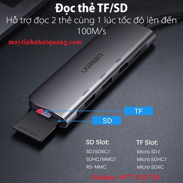 Cáp chuyển đổi USB type C sang HDMI, USB 3.0, đọc thẻ SD/TF, hỗ trợ sạc USB C Ugreen 70411